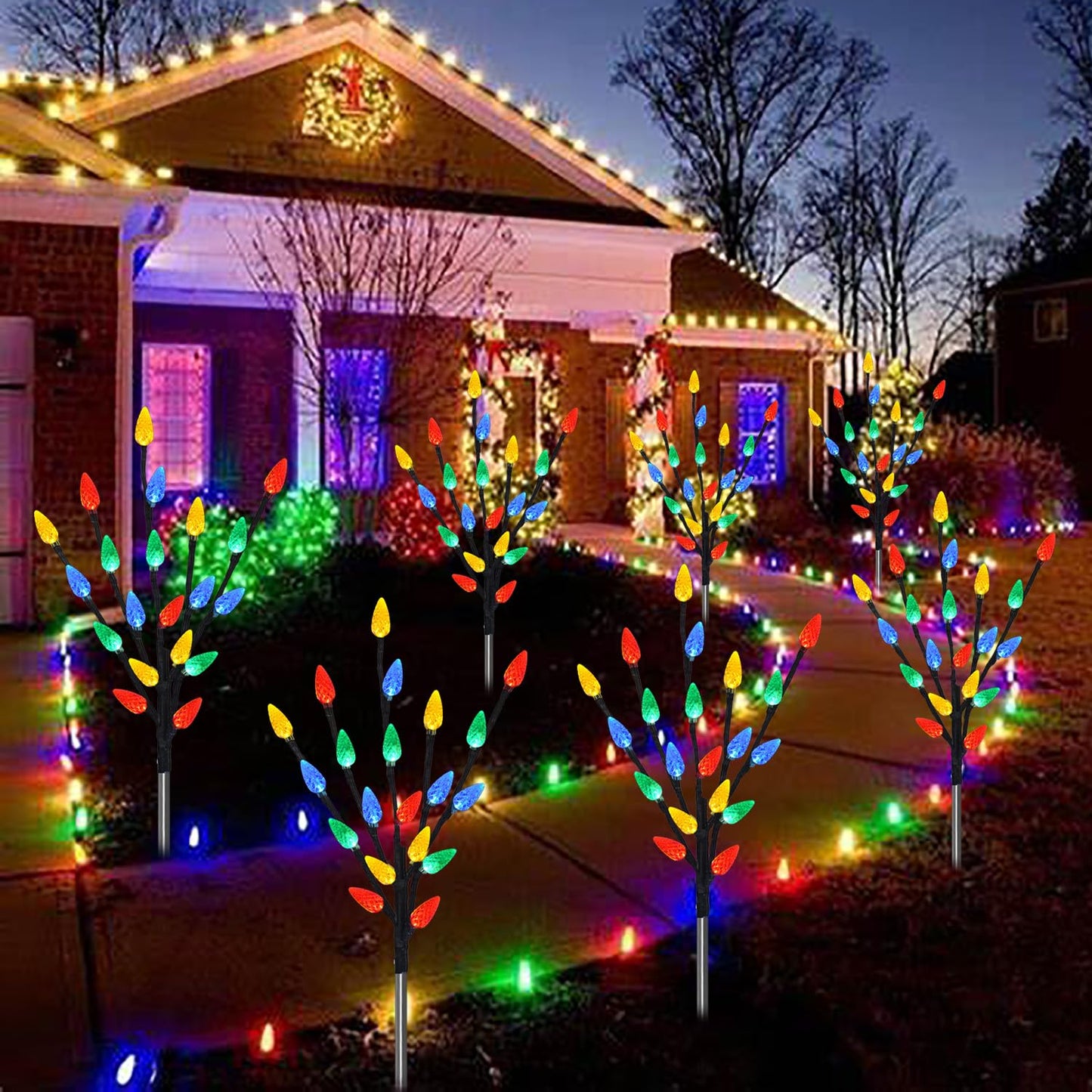 Upgraded 6 Packs 120 LED C6 Solar Christmas Lights, Christmas Decorations Outdoor Yard Lights, 8 Modes Waterproof Pathway Lights for Xmas Decorations Outdoor Yard Patio Cemetery Grave