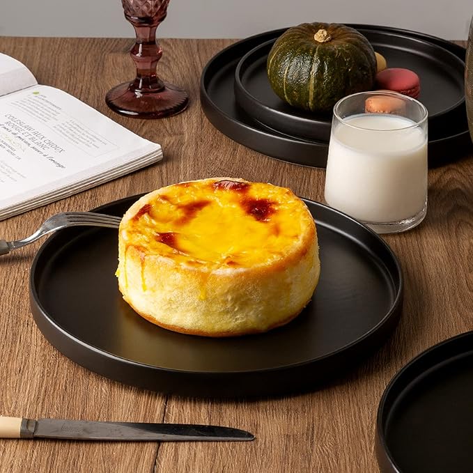 AmorArc Ceramic Dinnerware Sets for 4, Modern Flat Stoneware Plates and Bowls Sets,Chip and Crack Resistant Dishwasher & Microwave Safe Dishes Set,Scratch Resistant- Service for 4 -Matte Black (12pcs)