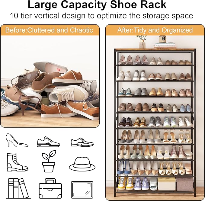 HOMEFORT 10 Tiers Shoe Rack Organizer,39.4" Shoe Storage Shelf for Closet, Shoe Rack for Entryway,Holds 45-50 Pairs of Shoe, Tall Shoe Stand with Metal Shelves and MDF Top Board,Rustic Brown