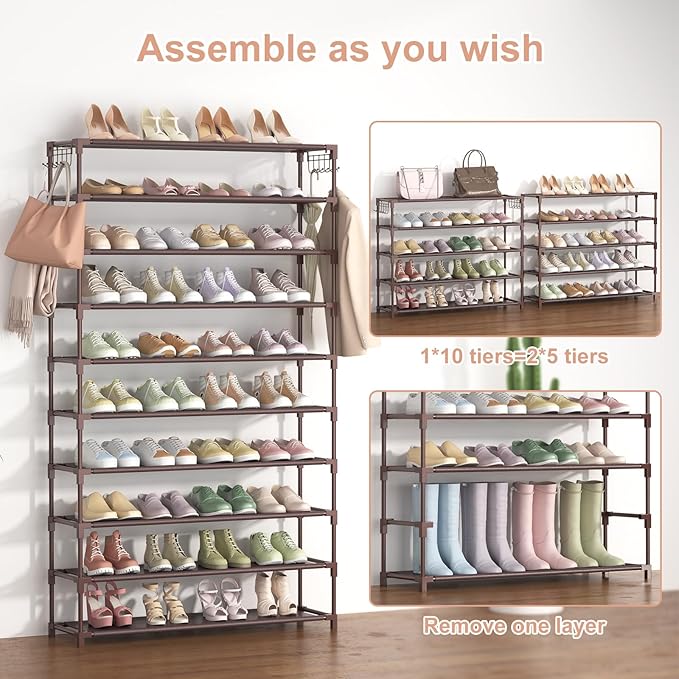 10 Tiers Shoe Rack 50 Pairs Large Capacity Tall Shoe Organizer Sturdy Shoe Storage with Two Hooks Space Saving Metal Wide Shoe Rack for Closet, Entryway, Bedroom, Brown