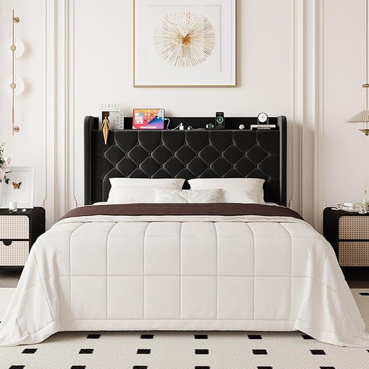 Allewie Queen Size Bed Frame, Storage Headboard with Charging Station, Wingback Velvet Upholstered, Diamond Stitched Button Tufted, Sturdy Wooden Slats, No Box Spring Needed, Easy Assembly, Black