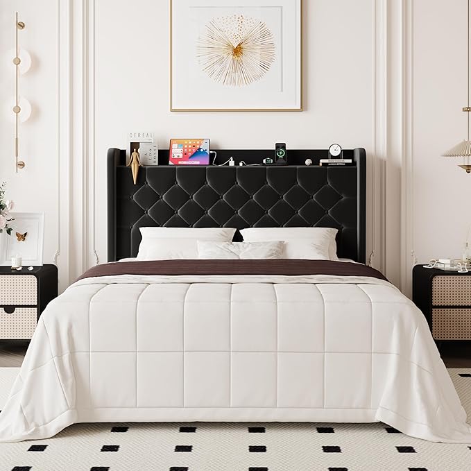 Allewie Full Size Bed Frame, Storage Headboard with Charging Station, Wingback Velvet Upholstered, Diamond Stitched Button Tufted, Sturdy Wooden Slats, No Box Spring Needed, Easy Assembly, Black