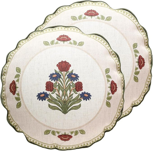 Design Linen Round Throw Pillow Covers Diameter 16" Pack of 2, Yellow Green French Cushion Covers with Red Purple Floral Pattern Decoration Pillowcases for Bed, Living Room, Outdoor, Car