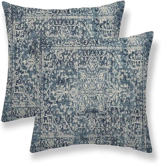 Navy Blue Boho Pillow Covers 22x22 Set of 2, Carpet Pattern Outdoor Decorative Throw Pillows Ethnic Rustic Farmhouse Cushion Cases Linen Gifts for Couch Sofa Decor