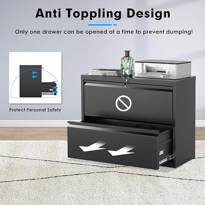 Pataku Lateral File Cabinet, 2 Drawer File Cabinet with Lock, Black Filing Cabinets for Home Office, Metal File Cabinet for Hanging Files/Letters/Legal/F4/A4(Black)