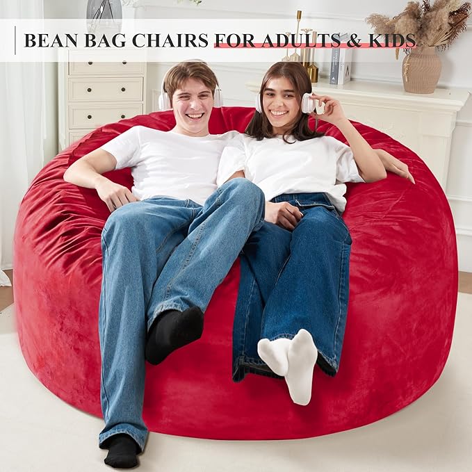 Homguava 5FT Bean Bag Chair Giant BeanBag with Memory Foam Filled, Comfy Bean Bag Chairs for Adults, Adult Bean Bag Chair with Dutch Velvet Cover for Living Room Bedroom-Red