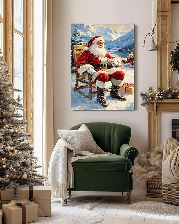 Vintage Santa Claus Christmas Canvas Wall Art - Festive Holiday Painting for Living Room,Bedroom & Bathroom, Cozy Winter Decor Framed Print, Perfect Christmas Gifts & Home Decoration