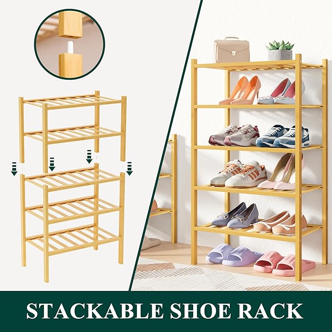 Smiry Bamboo Shoe Rack for Closet, 4 Tier Small Wooden Stackable Shoe Organizer, Free Standing Shoes Storage Shelf for Entryway, Front Door Entrance, Natural