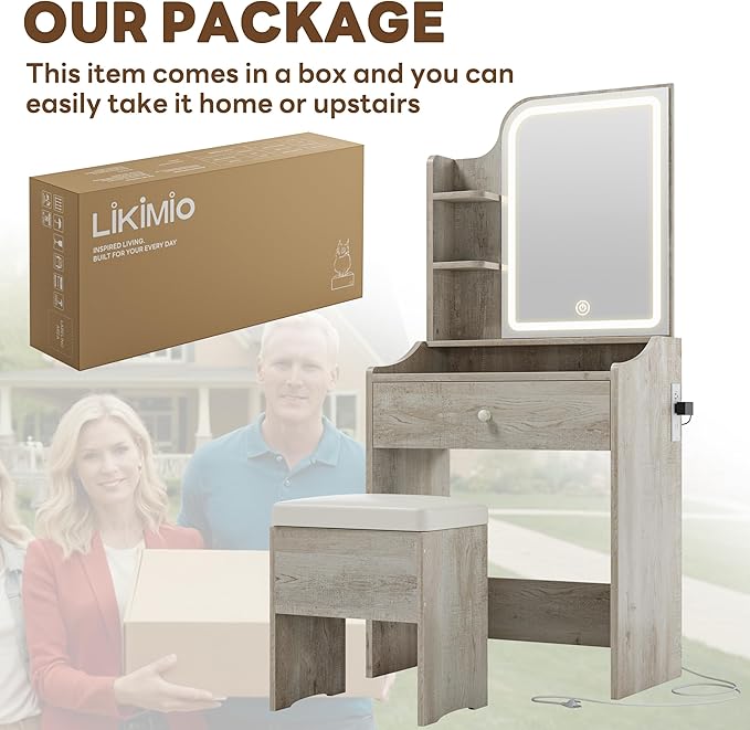 LIKIMIO Small Makeup Vanity Desk with Mirror and Lights, Vanity Table Set with Storage Drawer, Chair and Three Shelves, Bedroom, White Walnuts