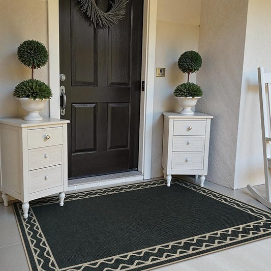 OJIA Easy Jute Front Door Mats Outdoor Rug 3x5 Washable Rugs for Entryway, Wavy Border Black Indoor Outdoor Rugs Non-Slip Doormat Entry Rugs Farmhouse Area Rug for Porch Outside Kitchen Living Room