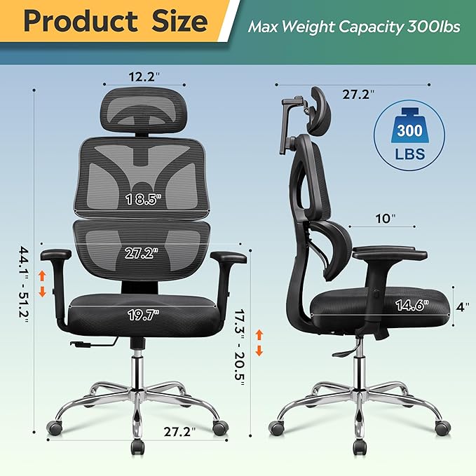 DEVAISE Office Chair Big and Tall Reclining Ergonomic Desk Chair for Long Hours, Comfy Breathable Mesh, Adjustable Armrests with Lumbar Support, Black