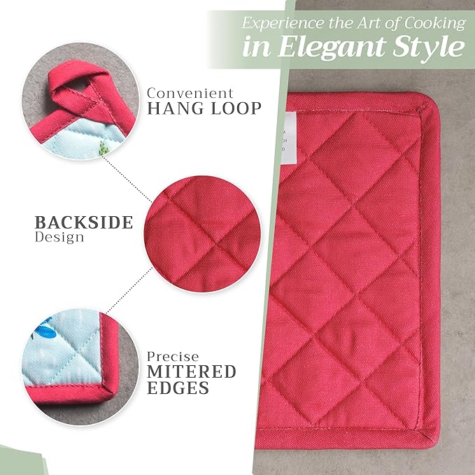 Maison d' Hermine Pot Holders Set 100% Cotton Heat Resistant Potholders 8" x 8" Hot Pads with Loop BBQ, Cooking, Grilling, Kitchen, Handling Hot Pans Spring/Summer (Pack of 2, Jardin D'Ete - Mint)