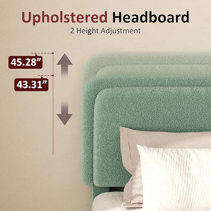King Boucle Platform Bed Frame with Height Adjustable Headboard, Modern Upholstered Cloud Bed, Sleek Curved Design, No Box Spring Needed, Easy Assembly, Noise Free, Green