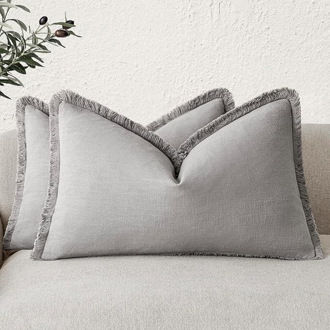 Foindtower Set of 2 Decorative Linen Fringe Throw Pillow Covers Cozy Farmhouse Cushion Cover with Tassels Accent Pillowcase for Couch Bed Living Room Home Bedroom Decor,12×24 Inch,Light Rustic Gray