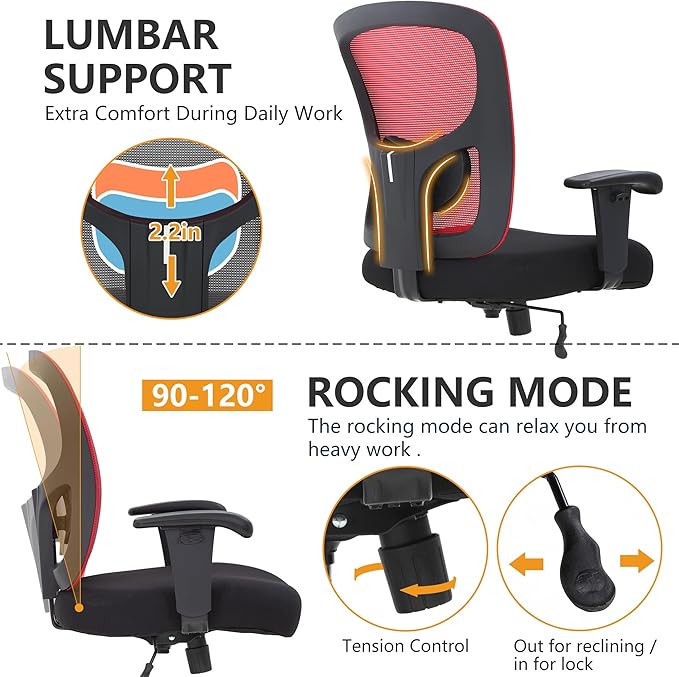 PayLessHere Ergonomic Desk Chair Office Chair Computer Chair 500lbs with Lumbar Support Wide Seat Adjust Arms Rolling Swivel High Back Task Executive Big and Tall Office Chair for Home Office，Red