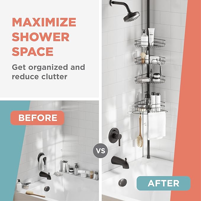 Zenna Home Tension Pole Shower Caddy Corner Organizer, Adjustable Standing Shower Caddy with 4 Baskets and Built in Towel Bar, Rust Resistant Bathroom Tension Rod Organizer, 60 to 97 Inch, Bronze