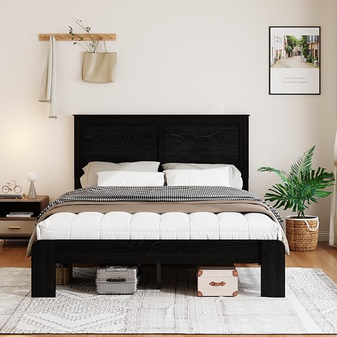 Wooden Bed Frame King Size with Headboard, Farmhouse Platform Bedframe with Wood Slat Support, Sturdy Framework Bed Frame, Easy Assembly (Rustic Black)