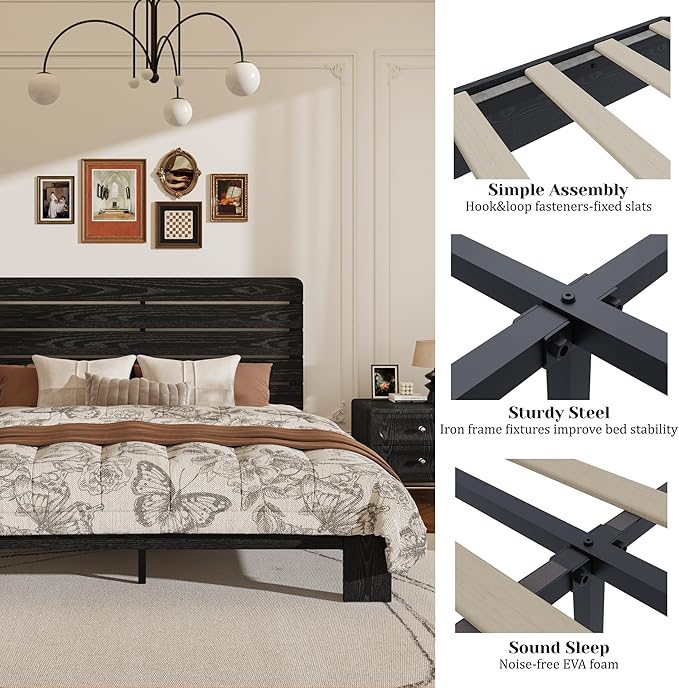 King Size Wooden Bed Frame with Headboard, Industrial Platform Bedframe with Wood Slat Support, Sturdy and No Noise, Easy Assembly (Black, King)