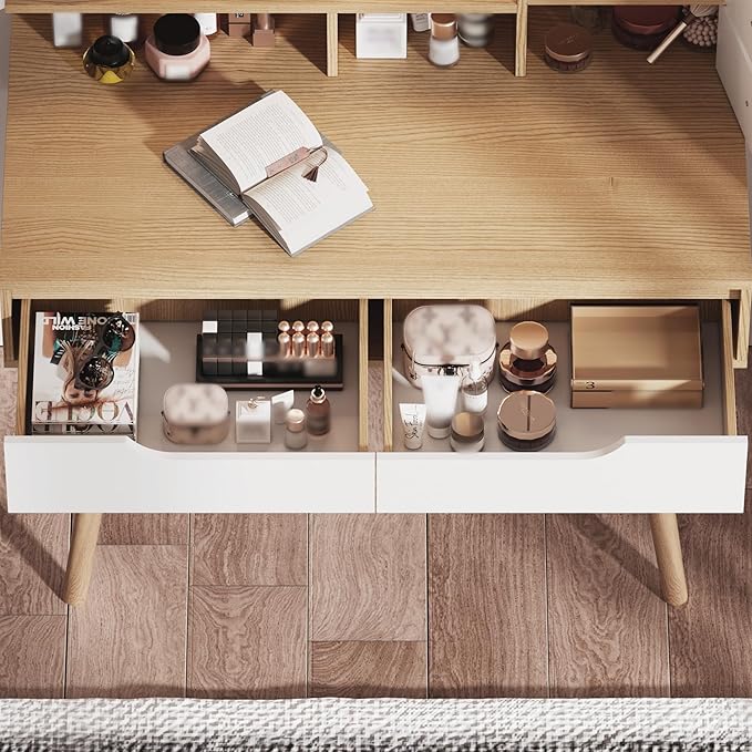 Ball & Cast 31.5" Vanity Desk with 3 Adjustable Lighted Mirror and Solid Wood Table Feet,MakeupDressing Table Set w/ 4 Drawers & 3 Open Shelves, for Small Space Bedroom Office,Nature