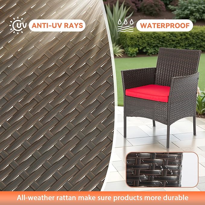 FDW Patio Furniture Set PE Rattan Patio Set Wicker Outdoor Furniture Bistro Set for Outdoor Indoor Use with Loveseats Coffee Table, Red Cushions, 4 Pieces