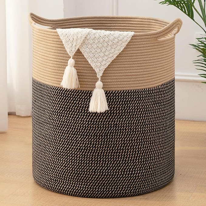 Laundry Basket, 100L Large Laundry Hamper, Tall Woven Rope Storage Basket for Blanket Toys Pillows Towels, Baby Nursery Hamper Bin for Living Room, Bedroom (Black & Yellow)
