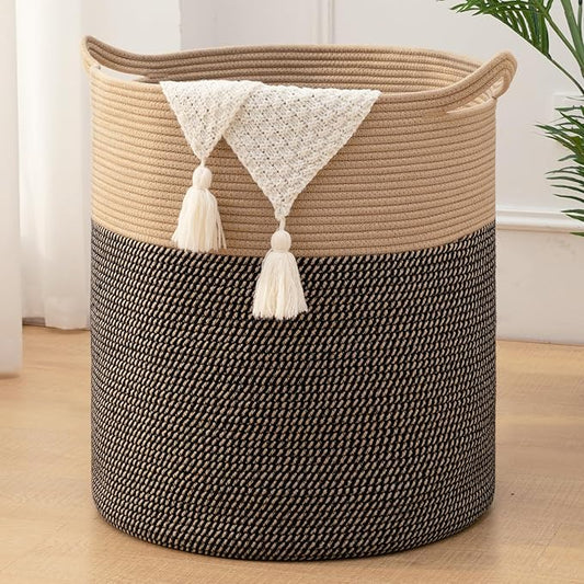 Laundry Basket, 100L Large Laundry Hamper, Tall Woven Rope Storage Basket for Blanket Toys Pillows Towels, Baby Nursery Hamper Bin for Living Room, Bedroom (Black & Yellow)