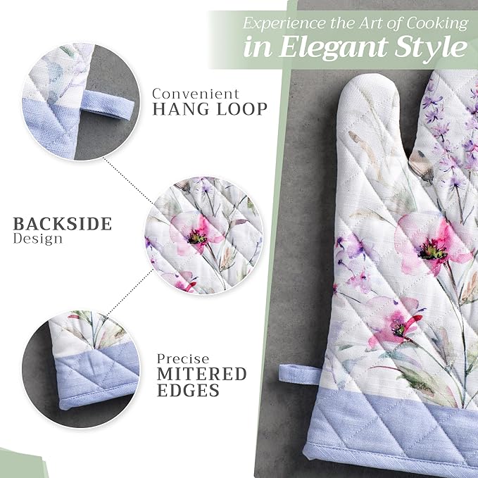 Maison d' Hermine Oven Gloves 100% Cotton Oven Mitt 7" x 13" with Loop Heat Resistant, BBQ, Cooking Gloves, Baking, Grilling, Kitchen, Handling Hot Pans Spring/Summer (Pack of 1, Summer Floral)