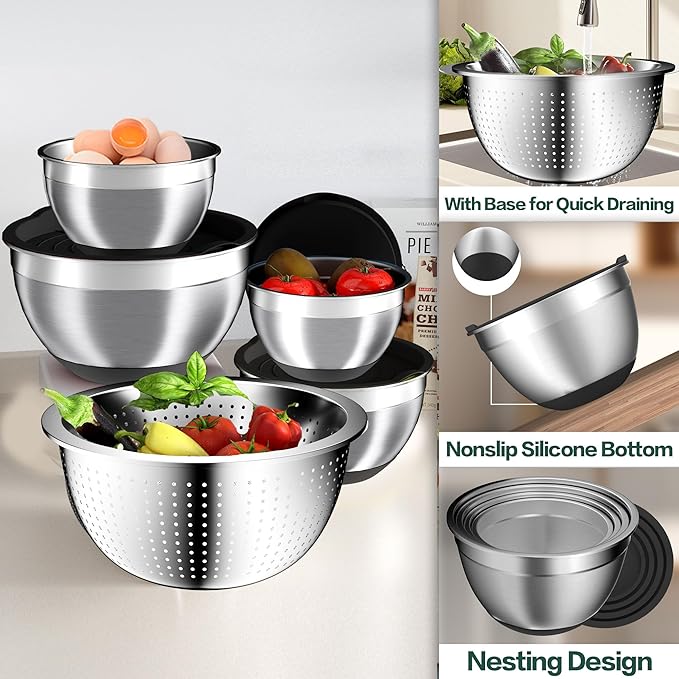 Mixing Bowls with Airtight Lids Set, 4 Stainless Steel Bowls Nesting Bowls & Colander, Kitchen Organizers and Storage Non-Slip Bottom, Size 1.5/2.0/2.5/4.5QT, Great for Mixing & Serving, Black