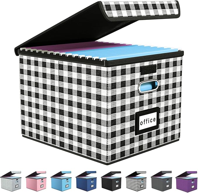 Huolewa Collapsible File Storage Organizer Box with Lid, Lattice Linen Office Document Storage, Universal Hanging Filing Organization Box for Letter/Legal Folder, Decorative Home File Bin