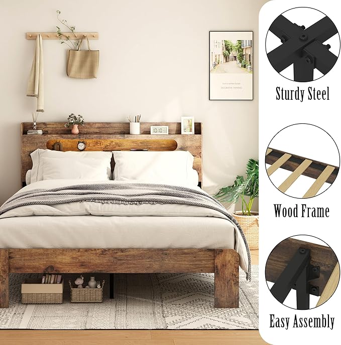 Wooden Queen Size Bed Frame with Storage Headboard, Farmhouse Platform Bedframe with Charging Station & Led Lights, Sturdy Wood Slat Framework, Easy Assembly (Rustic Brown Led)