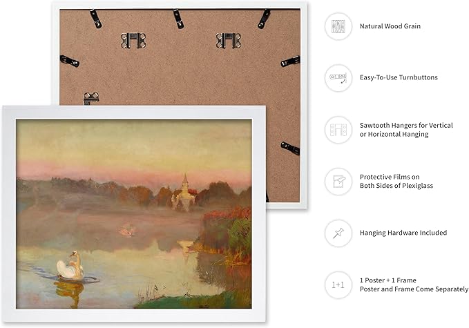 Poster Master Vintage Pond in Radziejowice Poster - Retro Swan Print - Lake Art - Landscape Art - Farmhouse Art - Animal Lover Art - Aesthetic Living Room or Office Decor, 16x20 White Framed