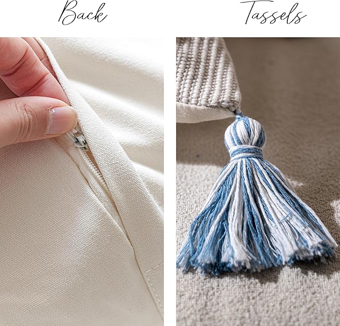 Blue Decorative Lumbar Throw Pillow Cover 14x36 Boho Long Cushion for Bed Neutral White Accent Farmhouse Pillowcase for Bedroom Living Room Couch Sofa Home Décor (Cover ONLY, Pack of 1)