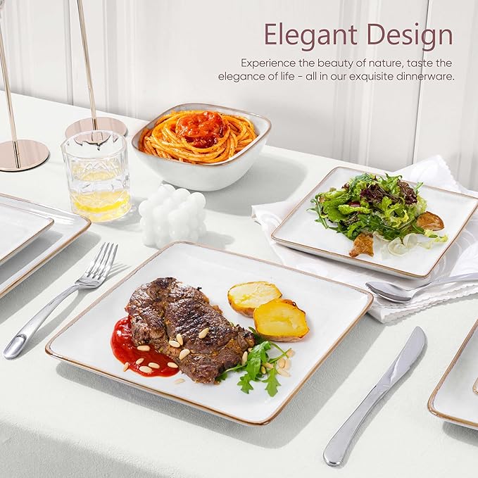 Herogo 12 Pieces Square Stoneware Dinnerware Dishes Set for 4, Handmade Dining Plates and Bowls Sets, Double Reactive Glaze, Microwave & Dishwasher Safe, Scratch Resistant, Ivory White