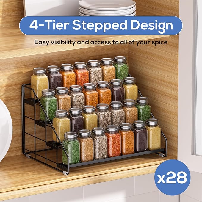 Spice Rack Organizer for Cabinet, 4 Tiered Spice Rack Organizer, Tiered Adjustable Spice Shelf for Kitchen Countertop Pantry Organization (Bright Black)