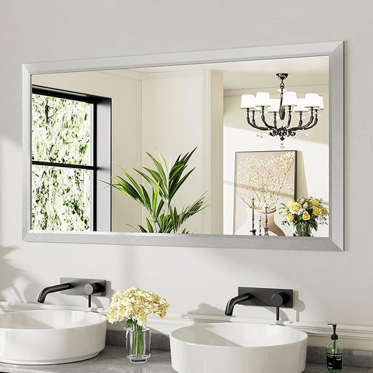 55x30 Inch Silver Bathroom Mirror for Wall, Thick Metal Framed Rectangle Mirrors for Over Sink, Bedroom, Living Room, Entryway, Anti-Rust, HD Tempered Glass
