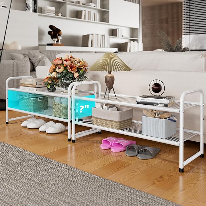 SUFAUY Shoe Rack for Closet, 33" Wide Metal Shoe Rack Organizer Heavy Duty, 2-Tier Mesh for Shoes, White