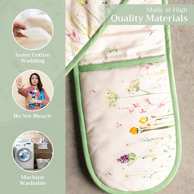 Maison d' Hermine Double Oven Mitts 100% Cotton 7"x35" Double Oven Mitt Heat Resistant BBQ Cooking Gloves with Loop, Baking, Grilling, Home, Kitchen, Handling Hot Pans Spring Summer (Botanical Fresh)