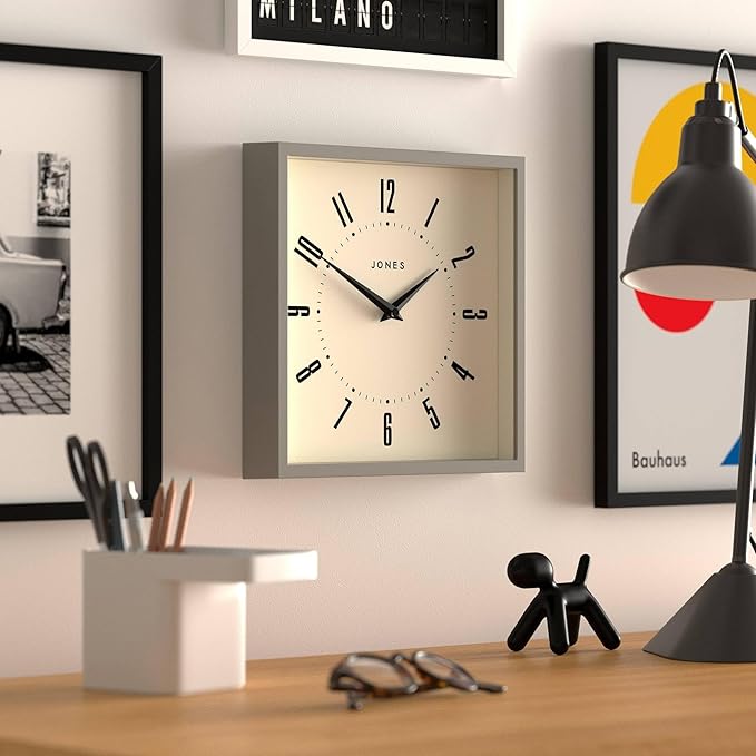 JONES CLOCKS® Box Wall Clock | Retro Square | 25cm | Gray | Easy to Read Numbers | Perfect Kitchen or Office Clock