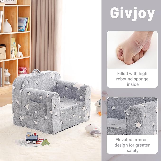 Toddler Chair Plush Kids Couch, Comfy Glow in The Dark Armchair with Removable and Washable Cover Carrying Handle Kids Sofa, Convertible Reading Chair Toddler Couch for Girls and Boys