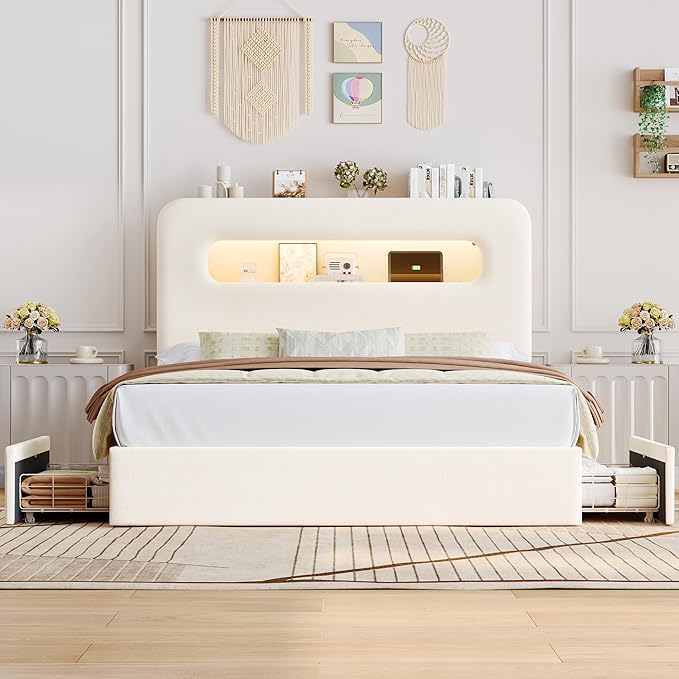 HOSTACK Full LED Bed Frame with Storage Headboard and Charging Station, Kids Bed Frame with 4 Drawers and USB Ports, Velvet Upholstered Platform Bed Frame with Bookcase, No Box Spring Needed, Cream