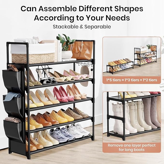 5 Tier Shoe Rack with Hook and Side Pocket,Shoe Organizer Space Saver Storage for 20-25 Pair Shoe Storage Shelf Sturdy Free Standing Long Shoe Rack Organizer for Closet,Entryway,Small Spaces