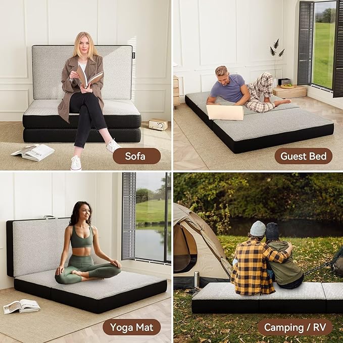Memory Foam Trifold Mattress - Full Portable Floor Bed 6 Inch, Foldable Mat with Washable Cover, Handle & Non-Slip Bottom, for RV, Travel, Camping, Yoga, 73"x52"x6"