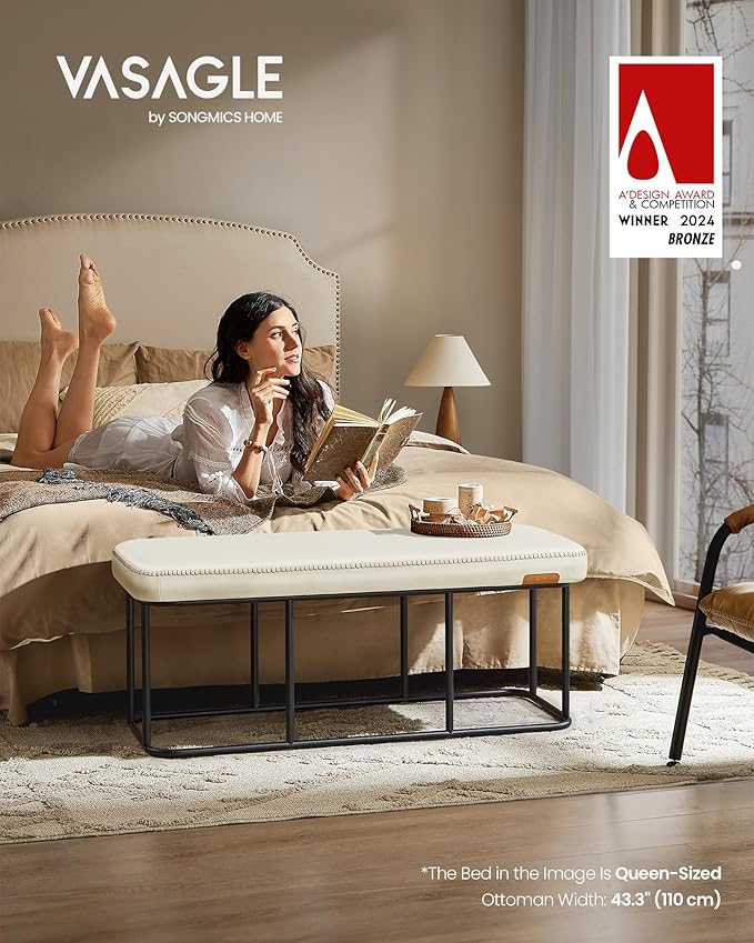 VASAGLE EKHO Collection - Storage Bench for Entryway, Ottoman Bench with Steel Frame, 43.3-Inch Wide, Synthetic Leather, Living Dining Room, Mid-Century Modern, Loads 660 lb, Cream White ULOM085W02