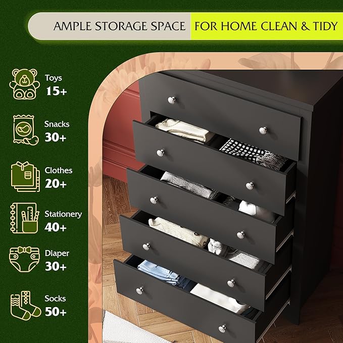 WLIVE Wood Dresser with 5 Drawers, Black Wooden Storage Cabinet, Organizer Drawers for Bedroom, Living Room, Hallway, Measuring 15.75" W * 31.50" D * 45.35" H ﻿