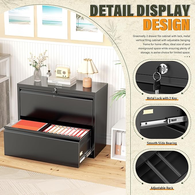 Greenvelly Lateral File Cabinet 2 Drawer, Lockable Metal Filing Cabinet for Home Office, Black Metal File Cabinet with Lock for Legal/Letter/A4/F4 Size with Hanging Bars&Key