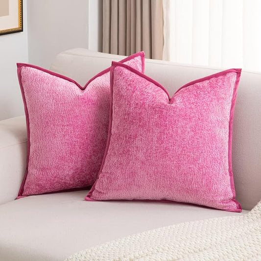 FUTEI Hot Pink Chenille Throw Pillow Covers 22x22 Inch Set of 2,Soft Cozy Bound Edge Design Cushion Case,Home Decor for Couch Bed Living Room