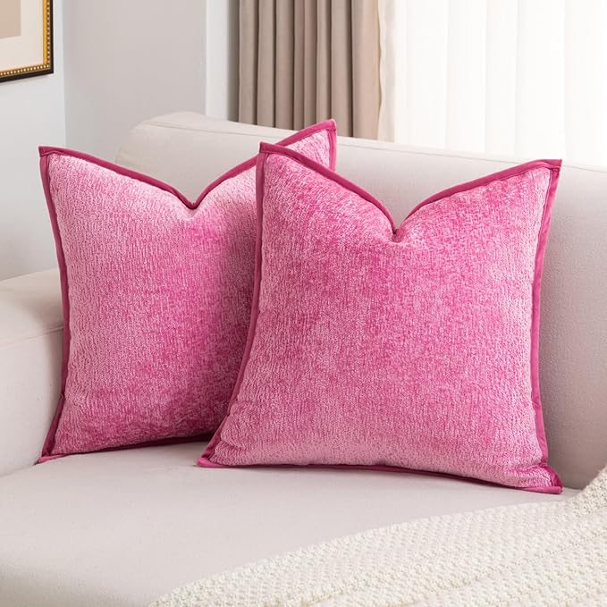 FUTEI Hot Pink Chenille Throw Pillow Covers 24x24 Inch Set of 2,Soft Cozy Bound Edge Design European Cushion Cover,Home Decor for Couch Bed Living Room