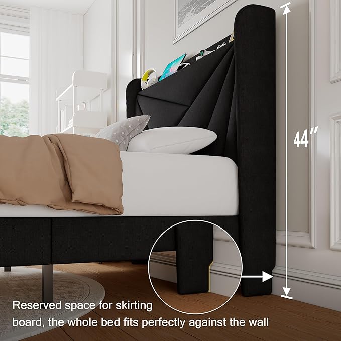 Twin Size Upholstered Bed Frame with Charging Station, Platform Bed Frame with Storage Headboard, Solid Wood Slats Support, No Box Spring Needed, Black