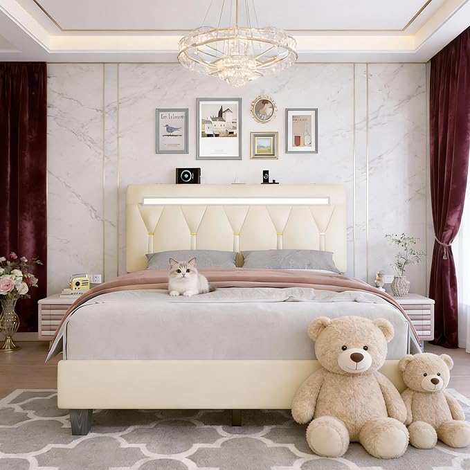 Queen Size Bed Frame with Bluetooth Speaker, LED Lights and Charging Station, Faux Leather Linen Fabric Adjustable Headboard,Modern Upholstered Bed, Wood Slat Support, Beige