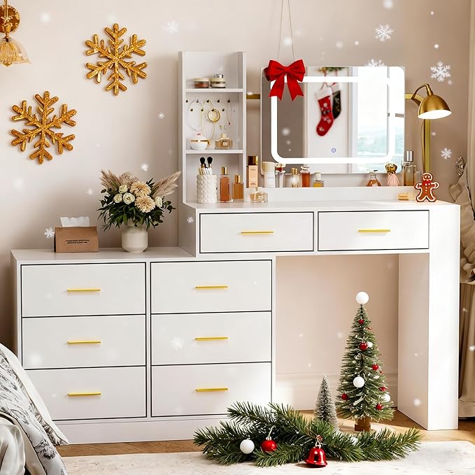 Pamapic 8 Drawers Vanity Desk with Mirror and Lights,Makeup Vanity with Power Outlet, 15 Storage Dresser with Mirror, Adjustable Width, Golden Handles Dressing Table, White